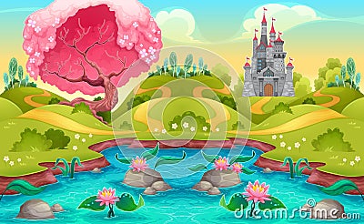 Fantasy landscape with castle in the countryside Vector Illustration