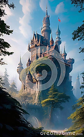 Fantasy landscape, castle in the forest, concept illustration, generative ai, these depiction is fictitious and generated Cartoon Illustration