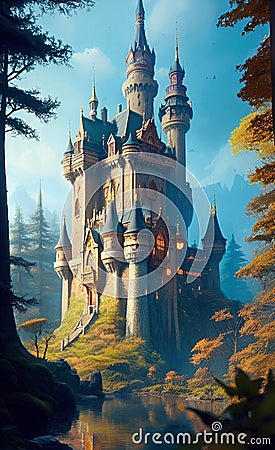 Fantasy landscape, castle in the forest, concept illustration, generative ai, these depiction is fictitious and generated Cartoon Illustration