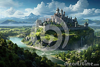 Fantasy landscape with a castle on the hill. 3D rendering, Medieval stronghold castle with hills, mountains, green fields, AI Stock Photo