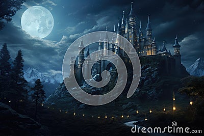 Fantasy landscape with castle on the rock at night. 3D rendering, A castle on a hill illuminated by the soft glow of a moonlit Stock Photo