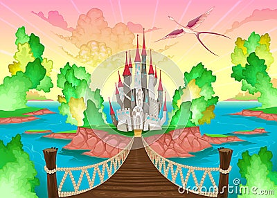 Fantasy landscape with castle. Vector Illustration