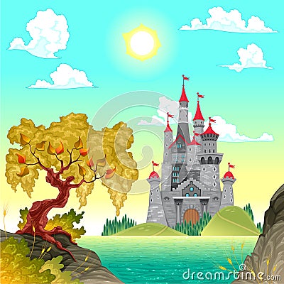 Fantasy landscape with castle. Vector Illustration