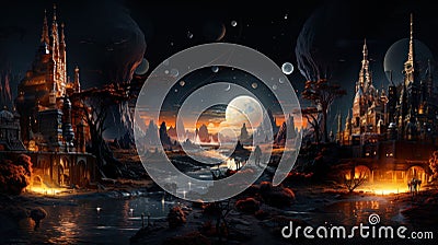 Fantasy landscape with city and moon illustration. Dark natural scene with light and castles Cartoon Illustration