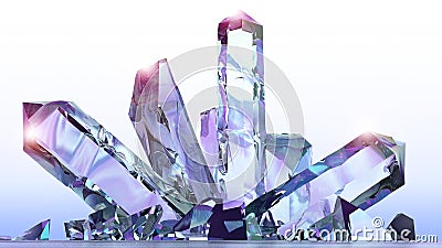 Fantasy landscape, crystals, amethyst, quartz, light, sun, people in backlight in a science fiction landscape, big crystals Stock Photo