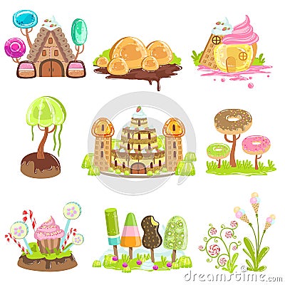 Fantasy Landscape Elements Made Of Sweets And Candy Vector Illustration
