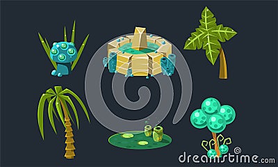 Fantasy Landscape Elements Set, Cute Fantastic Trees and Plants, User Interface Assets for Mobile App or Video Game Vector Illustration