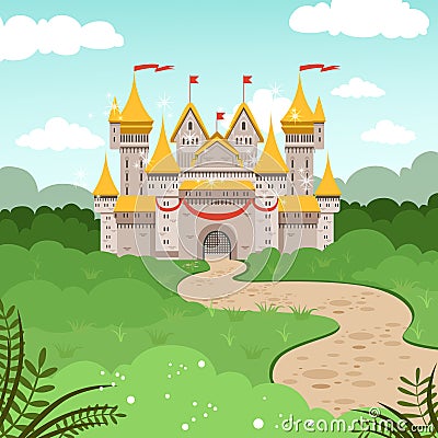 Fantasy landscape with fairytale castle. Vector illustration in cartoon style Vector Illustration