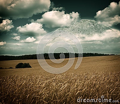 Fantasy Landscape with Field, Moon and Clouds Stock Photo