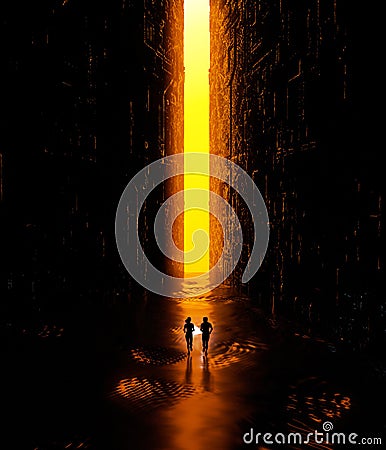 Fantasy landscape, fissure, darkness, light, sun, people running with a torch in hand in a science fiction landscape, big bright p Stock Photo