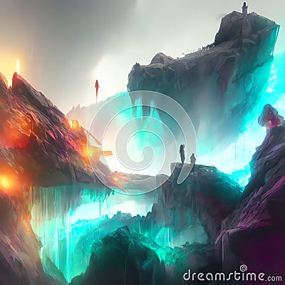 Fantasy landscape, fissure, darkness, light, sun, science fiction landscape, mountains, caves Stock Photo