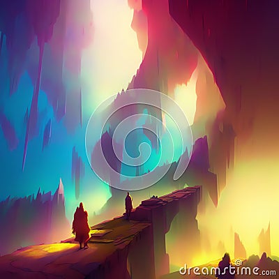 Fantasy landscape, fissure, darkness, light, sun, science fiction landscape, mountains, caves Stock Photo