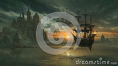 Fantasy landscape with flying ship Stock Photo