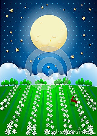 Fantasy landscape with full moon and fiel of flowers, paper art Cartoon Illustration