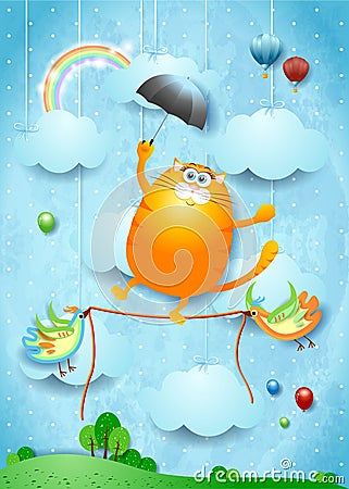 Fantasy landscape with funny kitten equilibrist and birds Cartoon Illustration