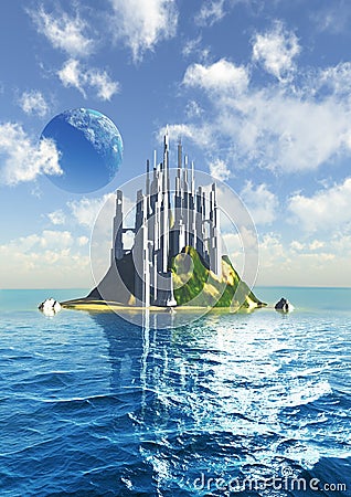 Fantasy landscape with a futuristic city, alien Planetary system, Sea and clouds, 3d illustration Cartoon Illustration