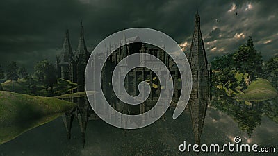 Fantasy Panorama Landscape With A Gothic Citadel On The Water Stock Photo