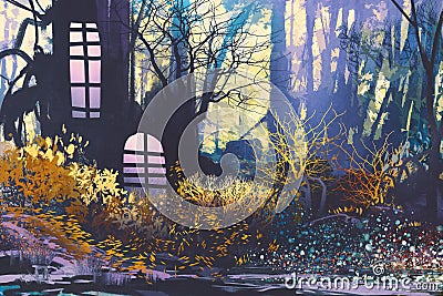 Fantasy landscape with house in tree trunk Cartoon Illustration