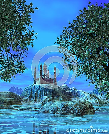 Fantasy landscape, Island with a Castle near a lake, forest and Blue Sky with clouds, 3d illustration Cartoon Illustration