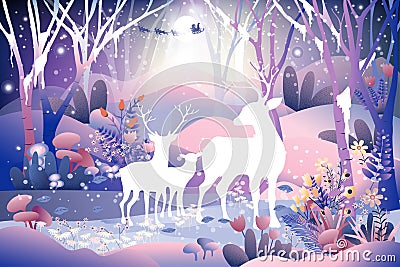 Fantasy landscape of magic forest with fairy tale Reindeers family looking at Santa Claus sleigh Reindeers flying over full moon Vector Illustration