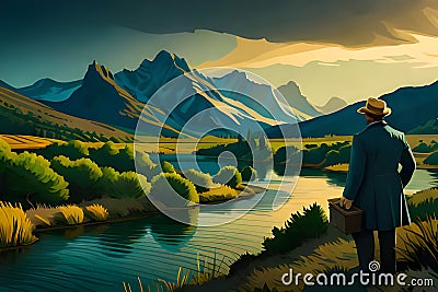 Fantasy landscape with a man in a hat and a briefcase, abstract illustration wallpaper, generative ai Cartoon Illustration