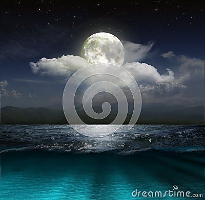 Fantasy landscape - moon, lake and fishing boat Stock Photo