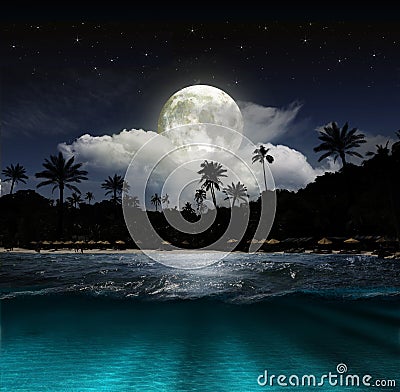 Fantasy landscape - moon, lake and fishing boat Stock Photo