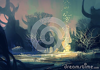 Fantasy landscape with a mysterious trees Stock Photo