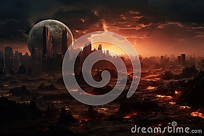 Fantasy landscape with planet and city. Elements of this image furnished by NASA, Encounter the Masked Flame Guardian, a fearless Stock Photo