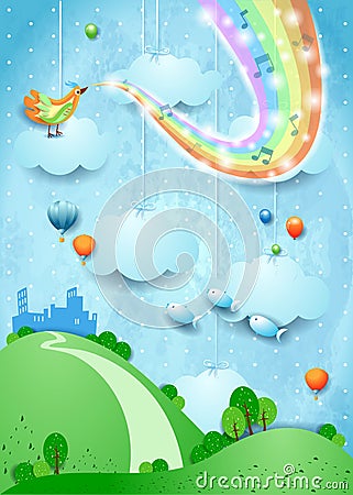 Fantasy landscape with rainbow colors, musical notes, bird and city Vector Illustration