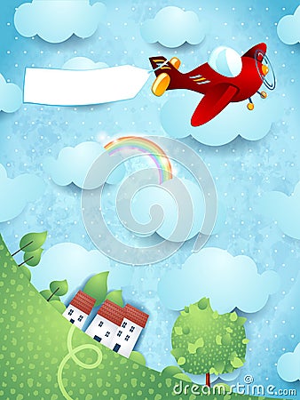 Fantasy landscape with red airplane and blank banner Vector Illustration