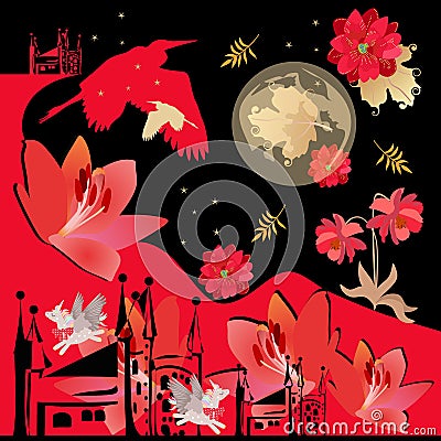 Fantasy landscape with red flowers, winged unicorns, moon and stars in night sky, silhouettes of herons, castle, red mountains Vector Illustration