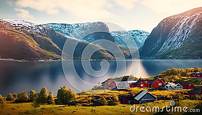 Fantasy landscape with red wooden church in Norway, Scandinavia Stock Photo