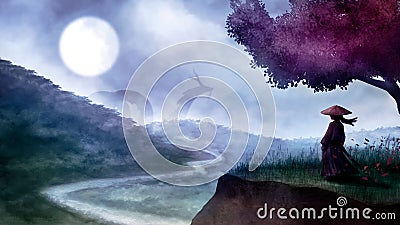 A fantasy landscape with a samurai girl standing on a rock under a pink tree and a mysterious forest dragon hiding behind blue Vector Illustration