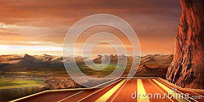 Fantasy landscape and Sci-fi airstrip Cartoon Illustration