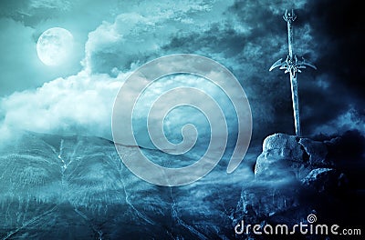 Fantasy landscape and sword Stock Photo