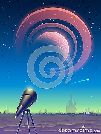 Fantasy landscape with telescope and view on space with magic pink planet like Jupiter or Saturn with rings and dark blue sky Vector Illustration