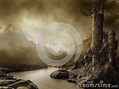 Fantasy landscape with a tower Stock Photo