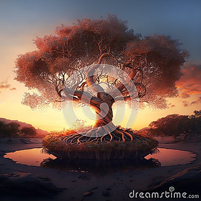 Landscape with Tree of Life. Ai Generated Illustration Stock Photo