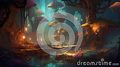 Fantasy fantasy landscape with trees, bridge and pond. 3d illustration Cartoon Illustration