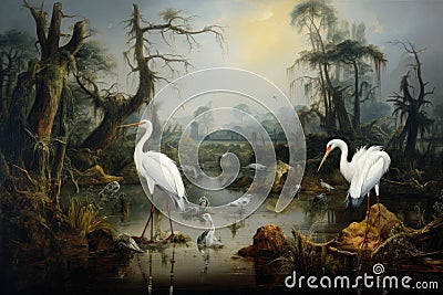 Fantasy landscape with two storks in a swamp, digital painting, A shallow river with transparent water and a group of herons Stock Photo