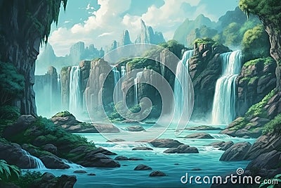 Fantasy landscape with waterfalls at sunset. Generative AI Stock Photo
