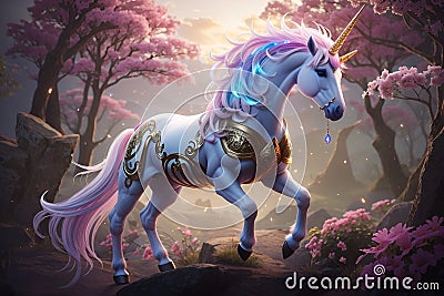Fantasy Legends: AI-Generated Mythical Creatures, Spotlighting Graceful Unicorns Stock Photo