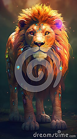 Fantasy lion with bright colors. Fantasy animal. 3D illustration. Cartoon Illustration