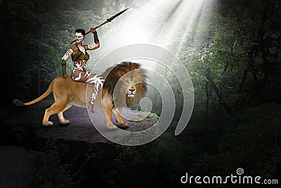 Fantasy Lion, Native Woman, Nature Stock Photo