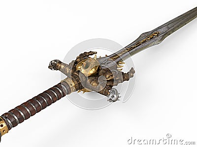 A fantasy long sword, with a skull and gold on an isolated white background. 3d illustration Cartoon Illustration