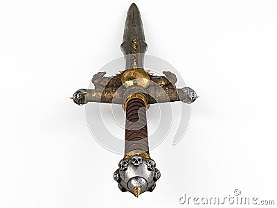 A fantasy long sword, with a skull and gold on an isolated white background. 3d illustration Cartoon Illustration