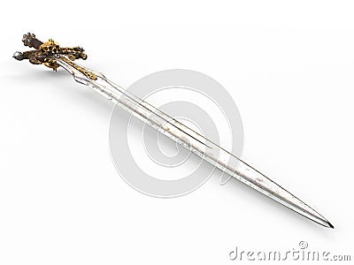 A fantasy long sword, with a skull and gold on an isolated white background. 3d illustration Cartoon Illustration