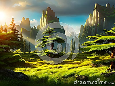 fantasy magic forest, large tall spreading branched tree, oak on a hill, among green meadows Stock Photo