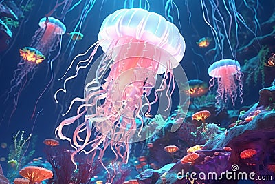 Fantasy magic Jellyfish swims in the ocean sea. Ai generated Stock Photo